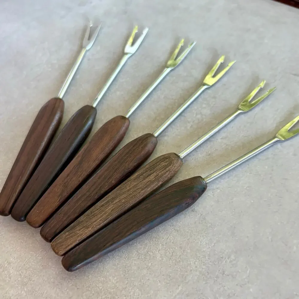 Vintage Stainless Germany Appetizer Forks Wood Handle Set of 6